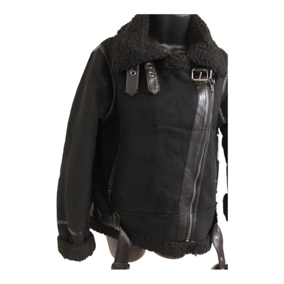 Black moto bomber buckled faux shearling biker jacket coat size small new - Picture 16 of 16